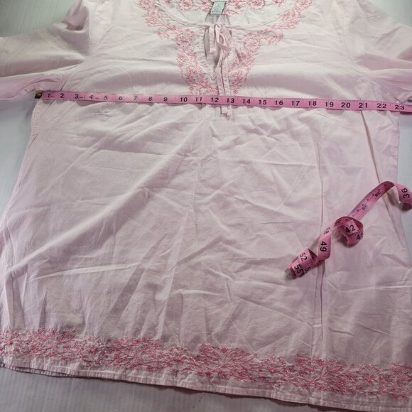 Bass Pink Lightweight Floral Embroidered Bead Cotton 3/4 Sleeve Tunic Size L - Picture 9 of 10